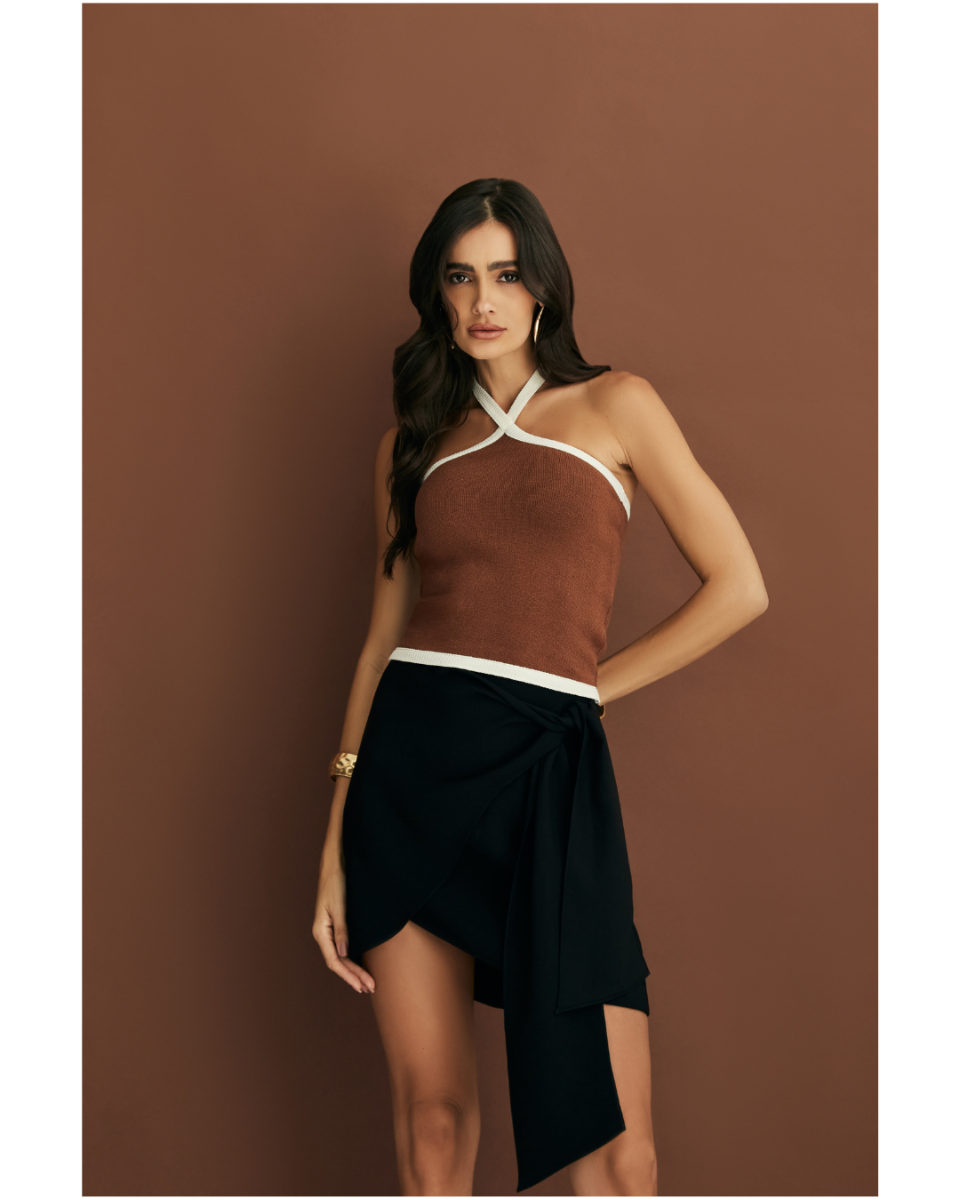 Blusa Gloria Tricot Premium Marrom e Off White