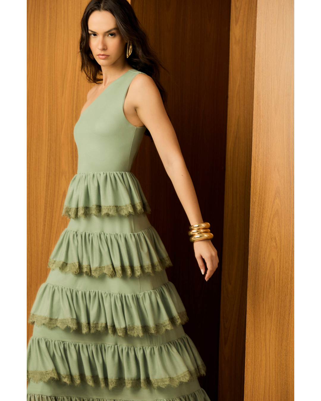 Vestido Mirella Longo Dec. Ombro Só Det. Renda Verde