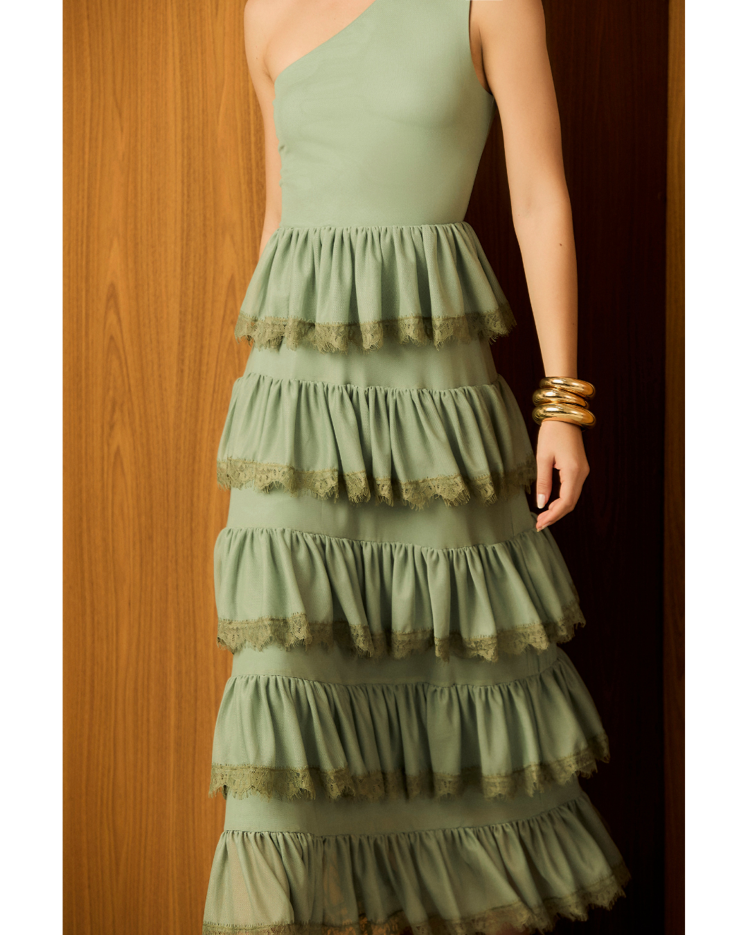 Vestido Mirella Longo Dec. Ombro Só Det. Renda Verde