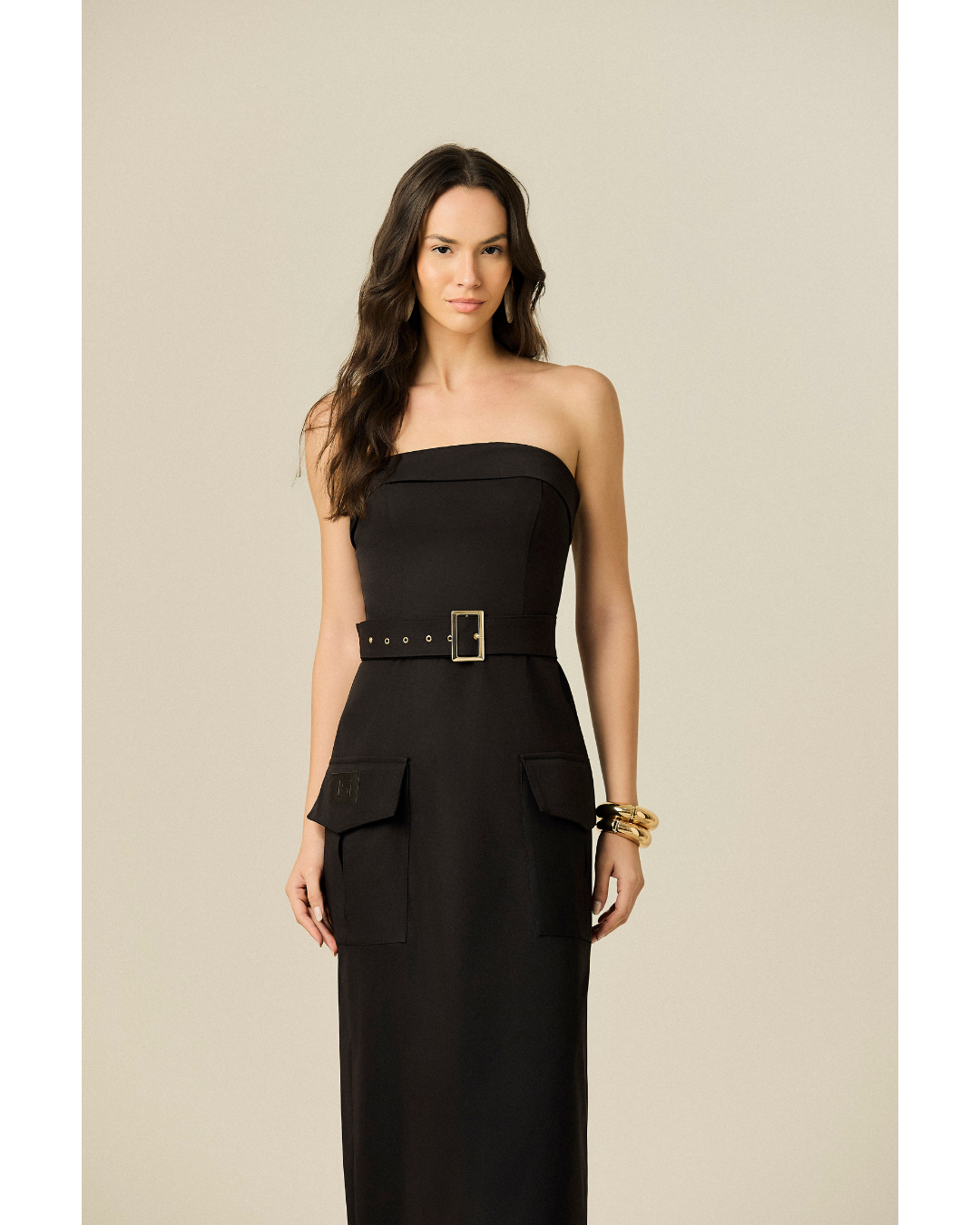 Vestido Mavi Long Dec. Tqc Det. Bolso Cargo Preto