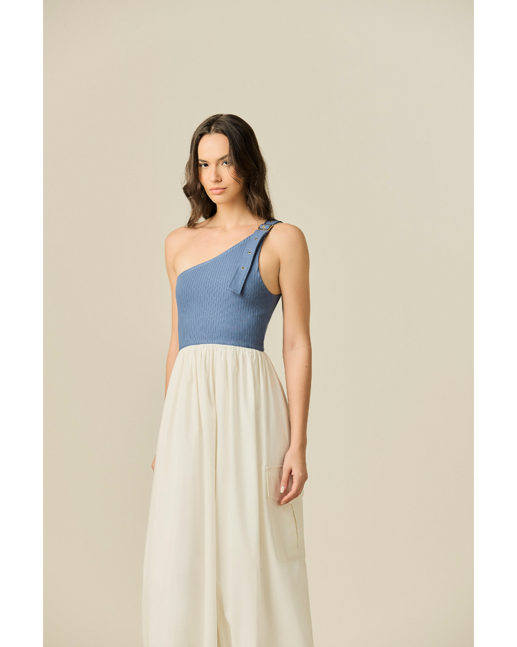 Vestido Verena Long Dec. Ombro Só Det. Bolso Azul/Off White