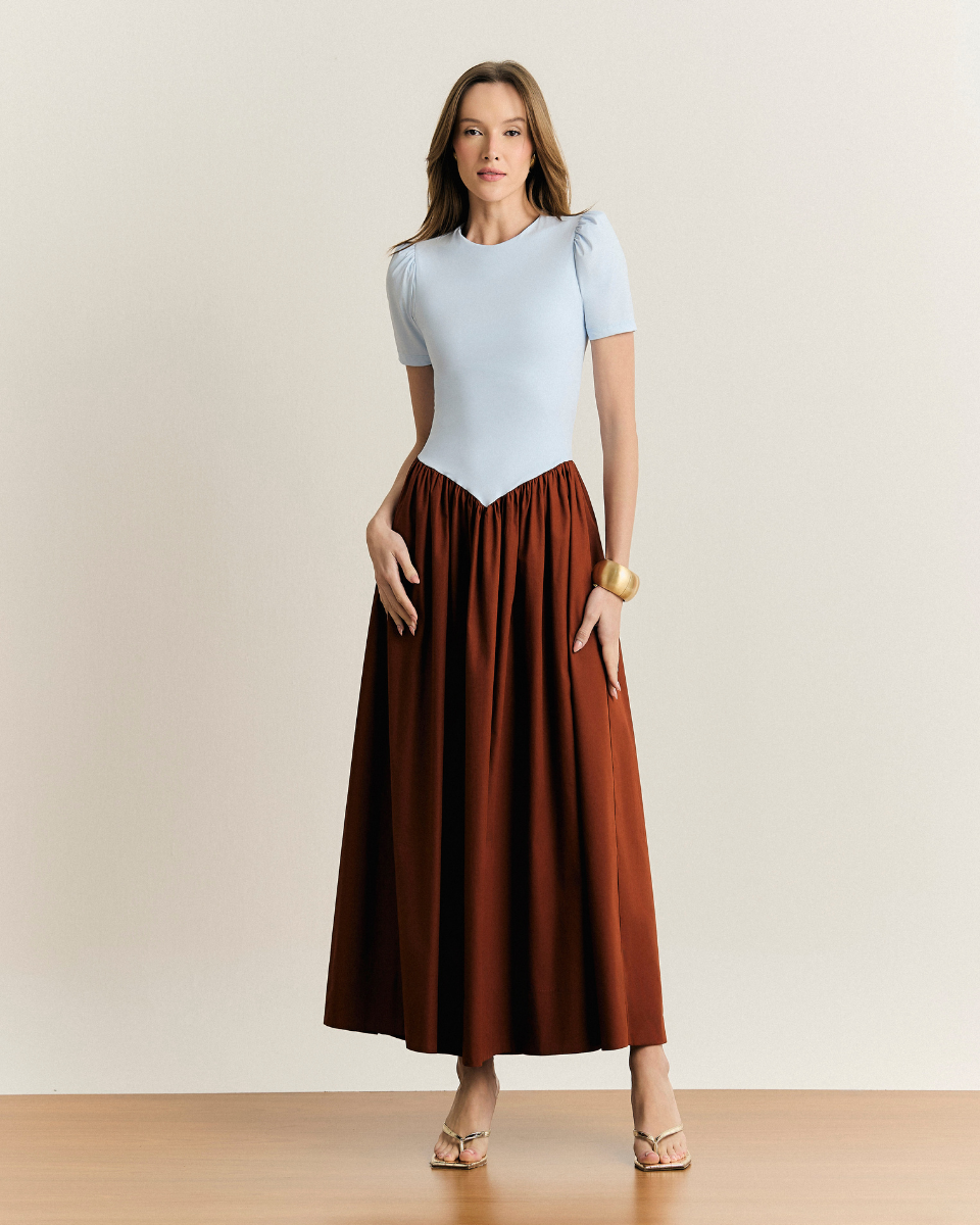 Vestido Sabrina Longo Azul e Marrom