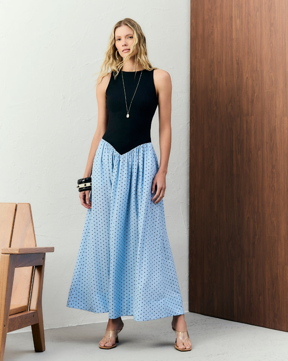 Vestido Stella Preto e Poá Azul