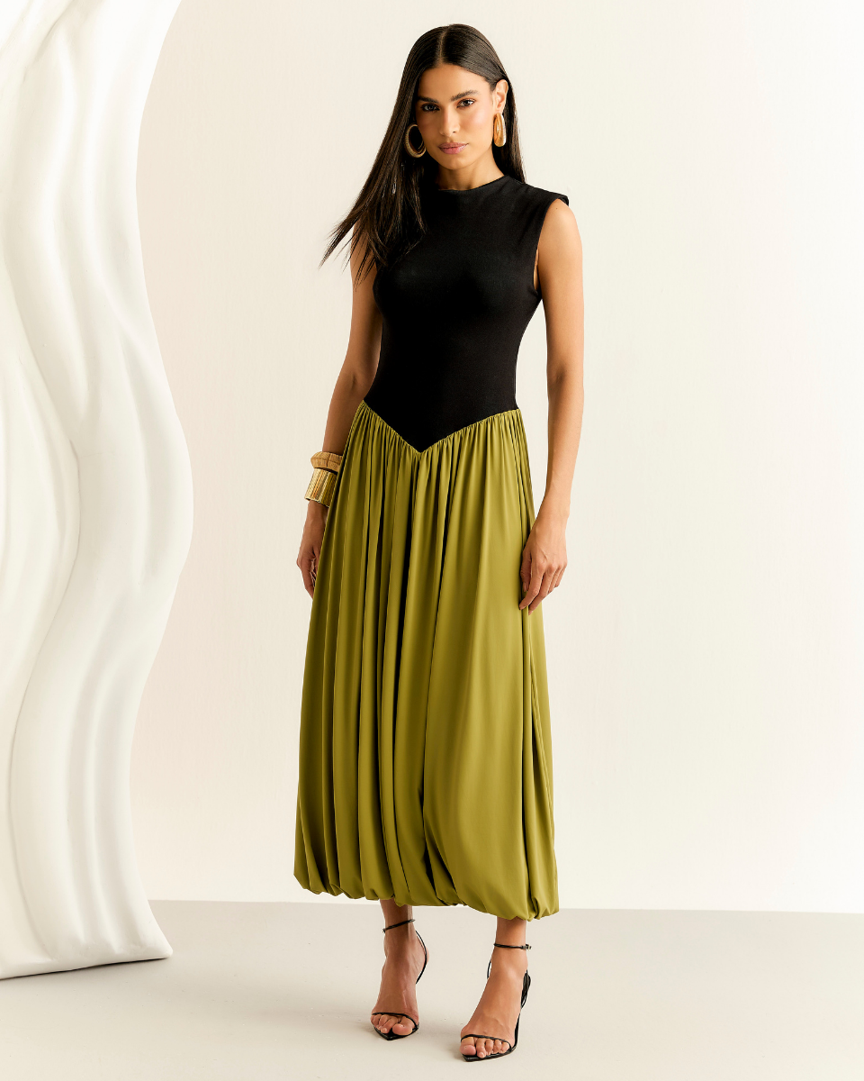 Vestido Jessa Longuete Preto e Verde