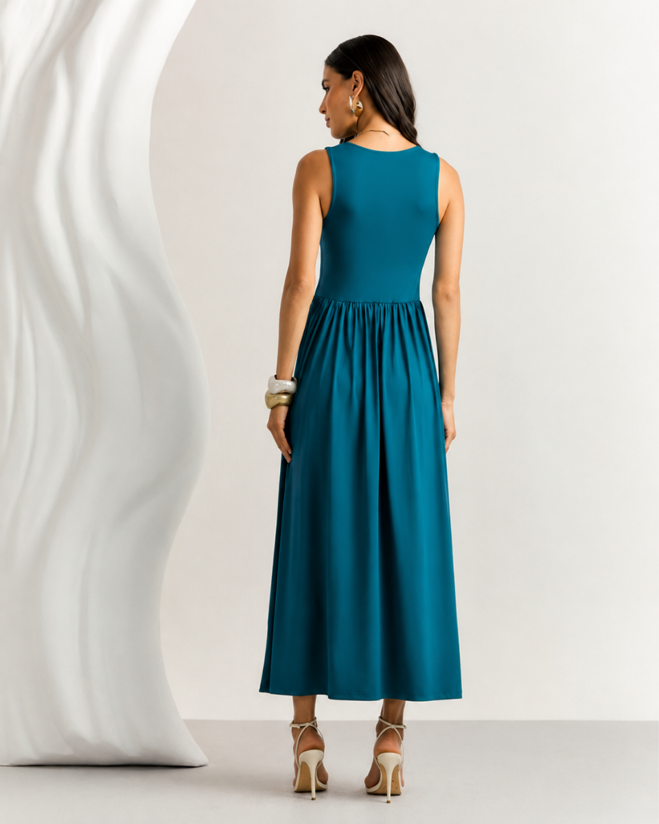 Vestido Vanessa Longo Azul Petróleo