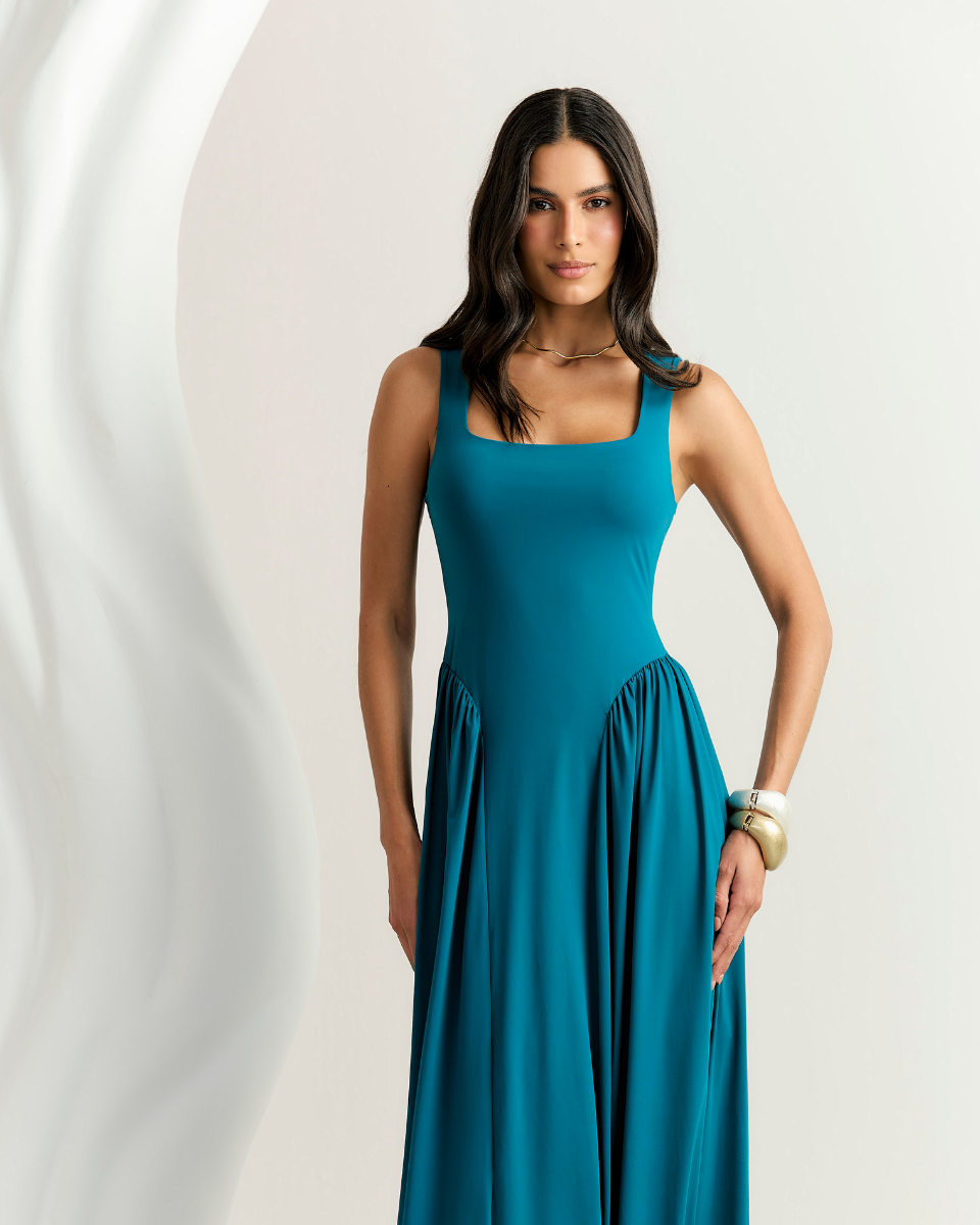 Vestido Vanessa Longo Azul Petróleo