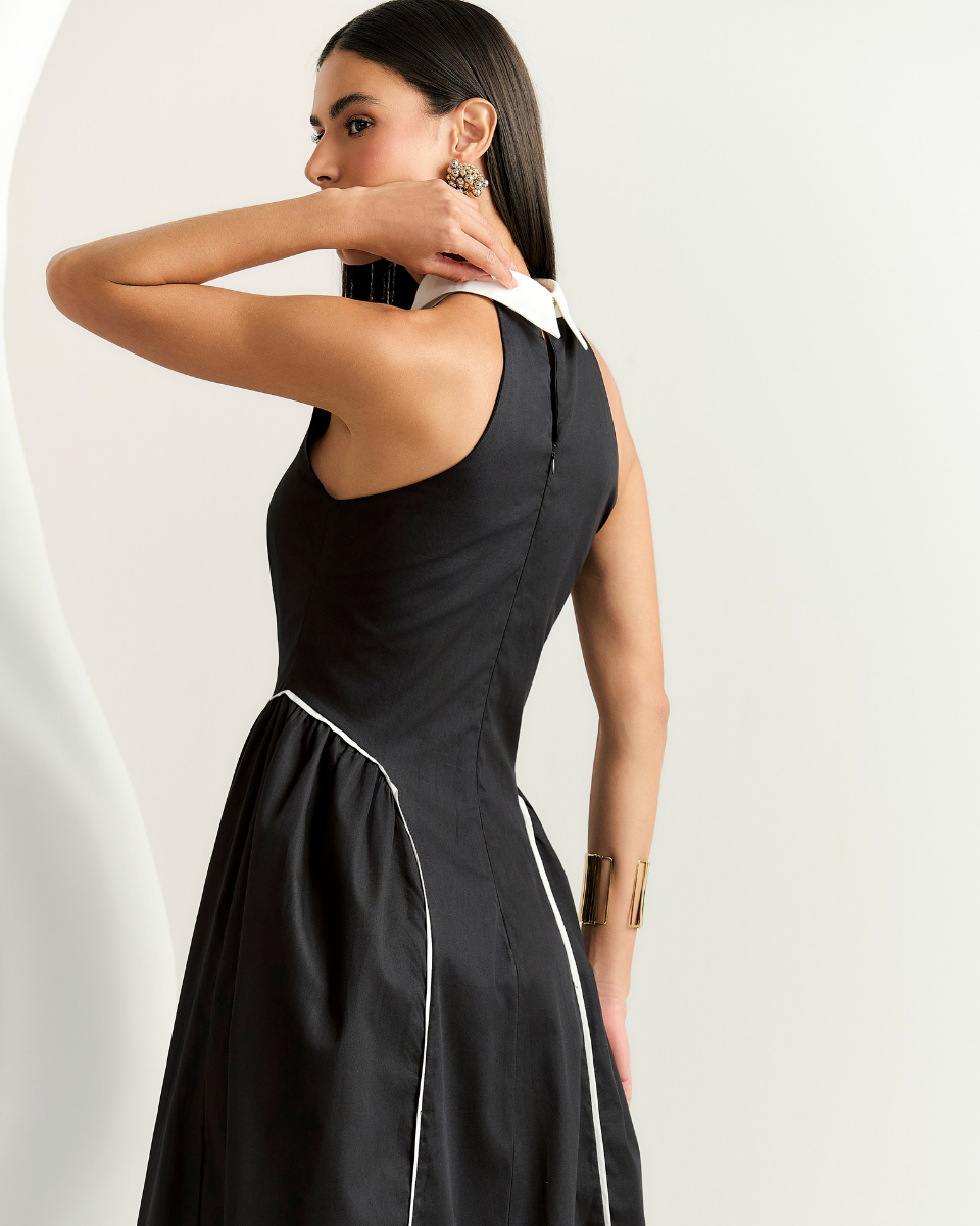Vestido Mirna Longo Preto e Off White