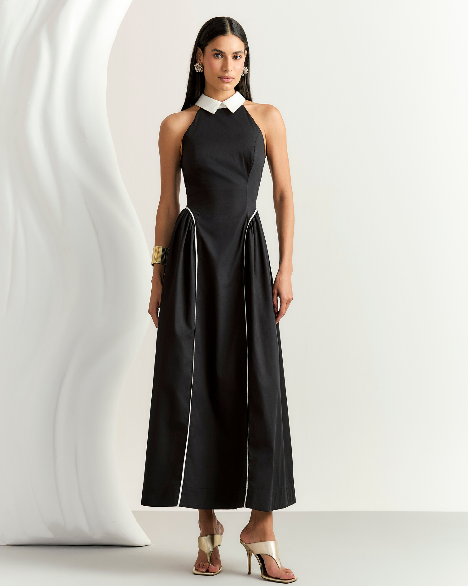 Vestido Mirna Longo Preto e Off White