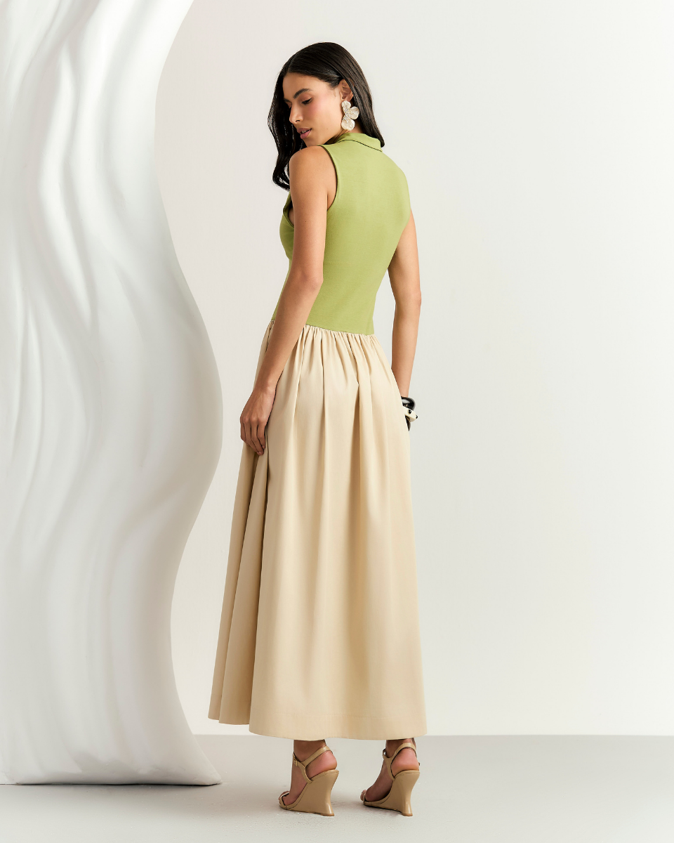 Vestido Luna Evasê Verde e Bege