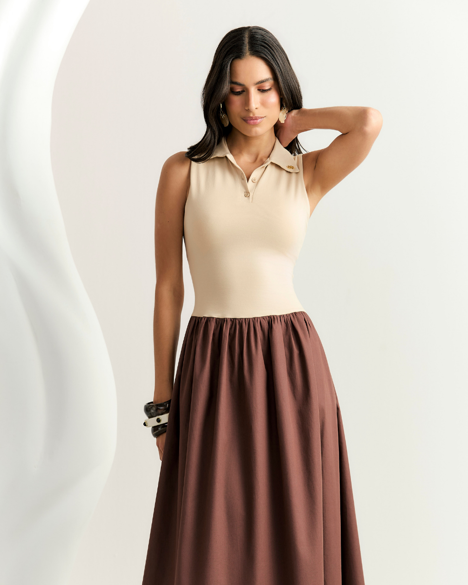 Vestido Luna Evasê Nude e Marrom