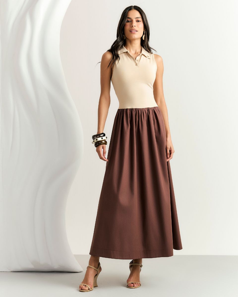 Vestido Luna Evasê Nude e Marrom