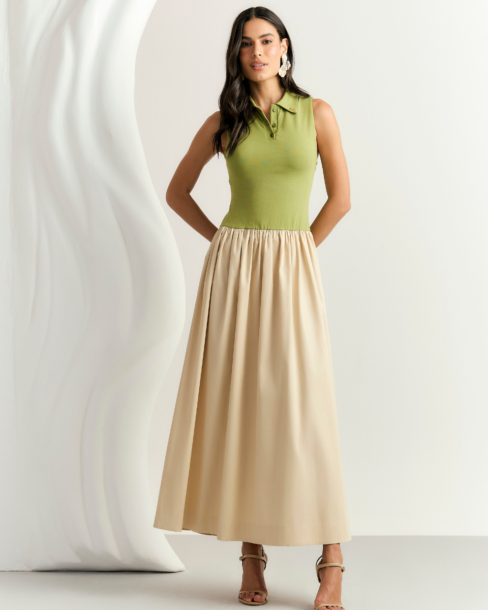 Vestido Luna Evasê Verde e Bege
