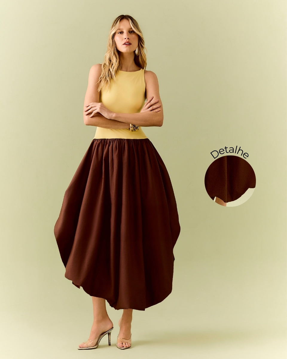 Vestido Luísa Marrom e Amarelo