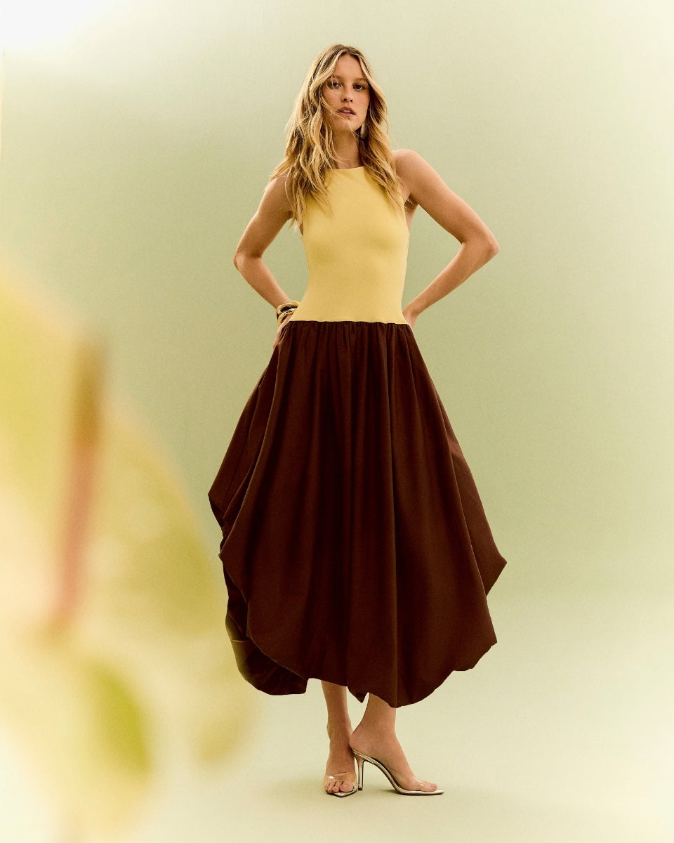 Vestido Luísa Marrom e Amarelo