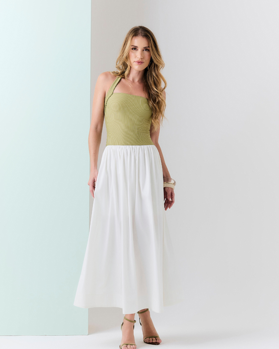 Vestido Rafaela Long Verde e Off White