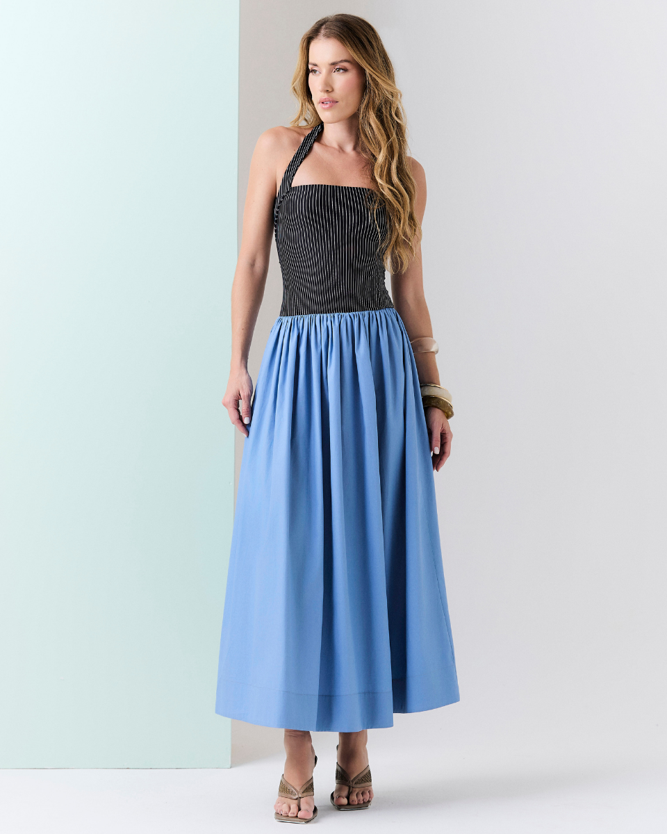 Vestido Rafaela Long Preto e Azul
